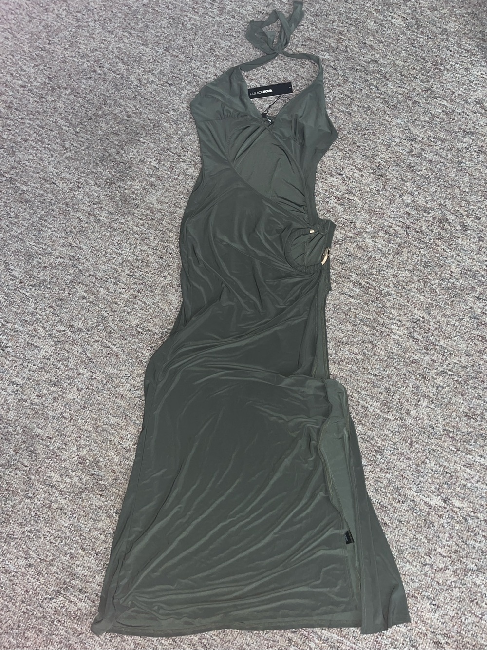 Fashion Nova Women’s Sleeveless Olive Green Maxi Dress with Halter Neck